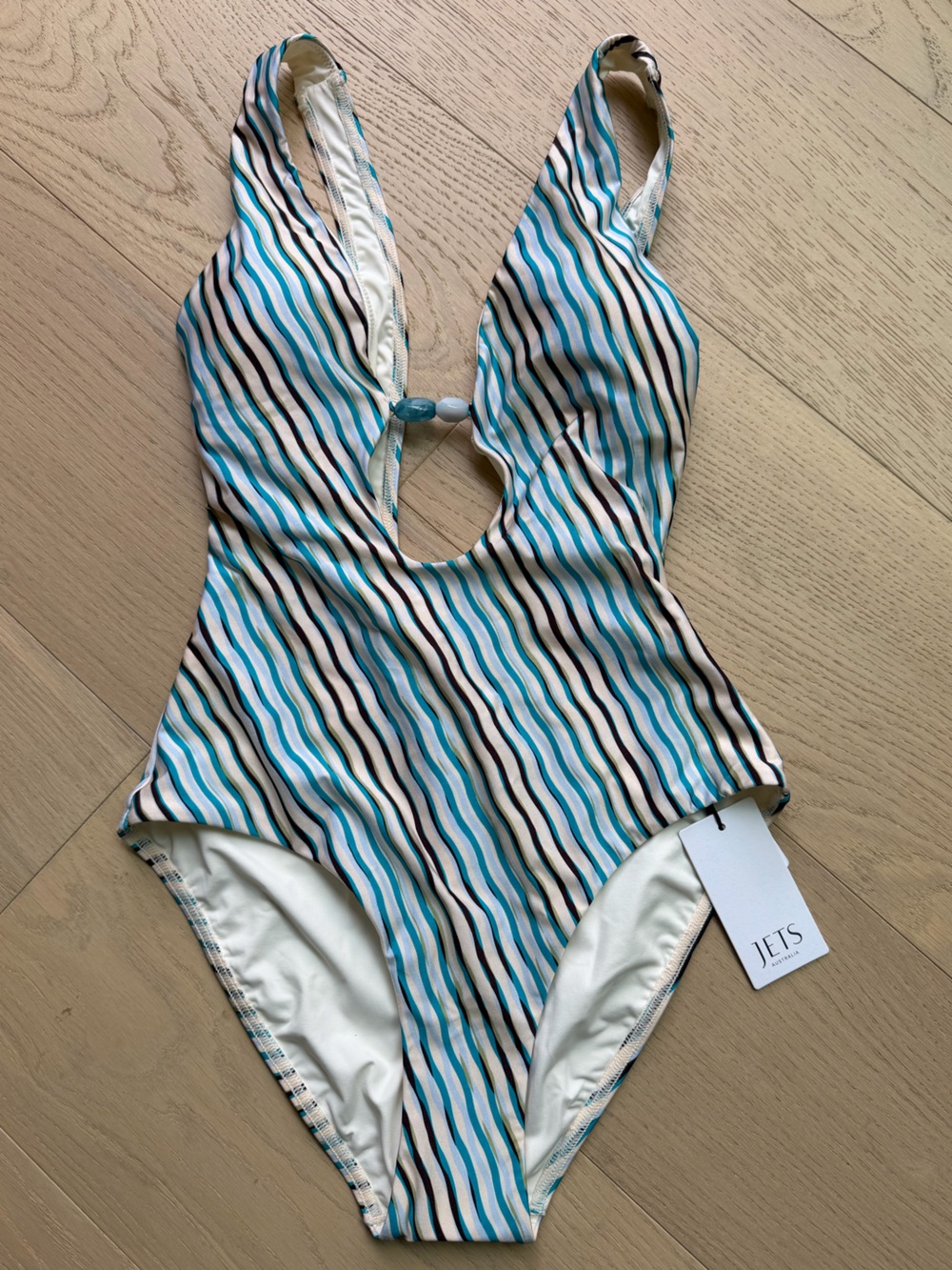 NWT JETS Striped One-Piece Swimsuit in Aqua and White (US: 4)